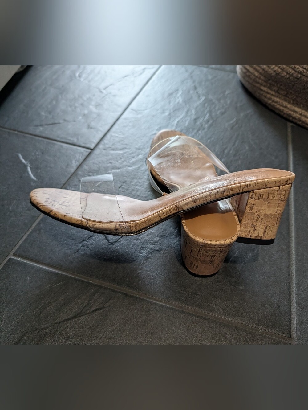 Clear Strap Cork Block Heel Sandals - Nude